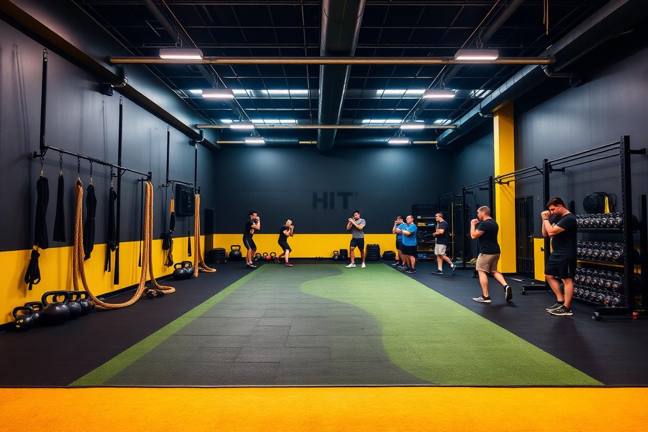 Functional training turf area with kettlebells and battle ropes at BFF Gym